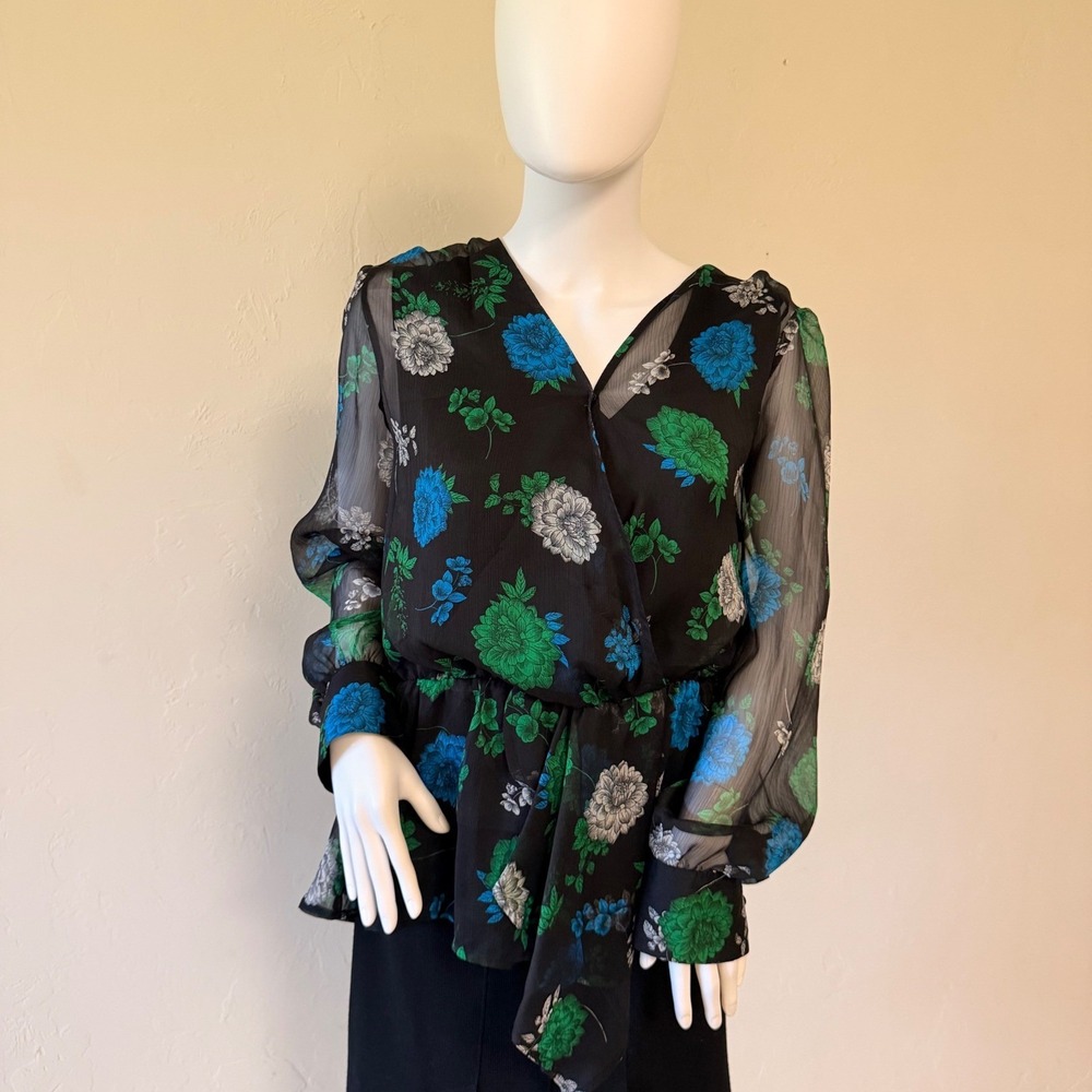 NWT Vince Camuto Women's Size XL Floral Faux Wrap Blouse Rich Black Sheer Sleeve
